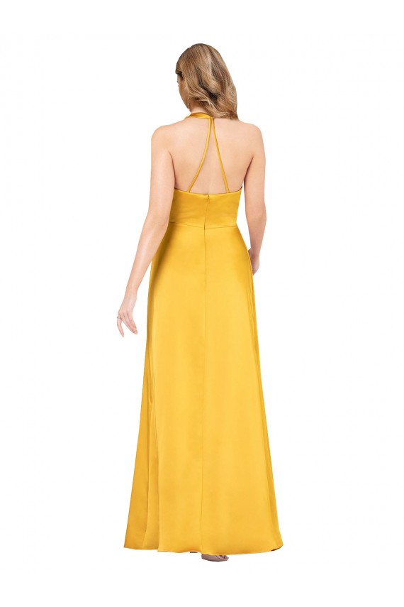 Cheap Halter A-Line Silky Satin Bridesmaid Dress with V-Neckline and Slit Canada