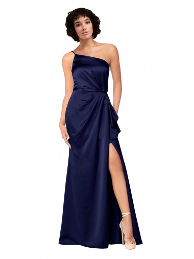 Cheap One Shoulder Silky Satin Bridesmaid Dress with Skirt Slit Canada
