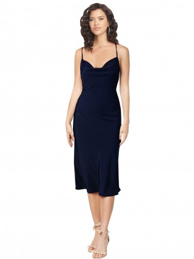 Cheap Short Midi Length Silky Satin Bridesmaid Dress with Cowl Neck and Cross Back Straps Canada