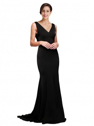 Cheap V-Neck Full Length Silky Satin Bridesmaid Dress with Soft Cowl Neck and Sweep Train Canada