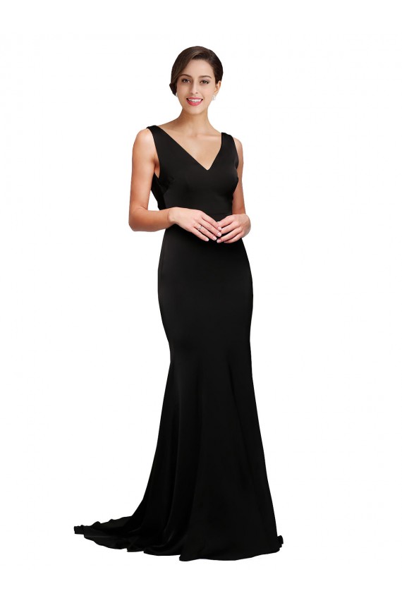 Cheap V-Neck Full Length Silky Satin Bridesmaid Dress with Soft Cowl Neck and Sweep Train Canada