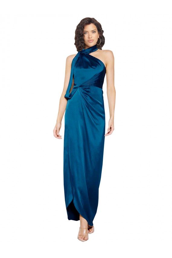 Cheap High Halter Neck Silky Satin Bridesmaid Dress with Sash Overlay and Side Split Canada