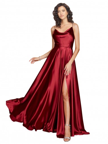 Cheap Silky Satin Cowl Neckline Long Bridesmaid Dress with Spaghetti Straps Canada