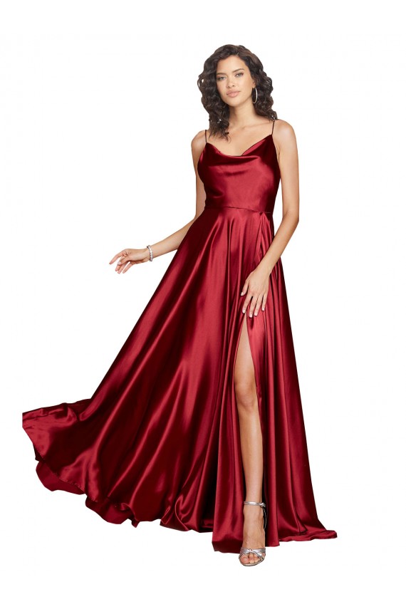 Cheap Silky Satin Cowl Neckline Long Bridesmaid Dress with Spaghetti Straps Canada