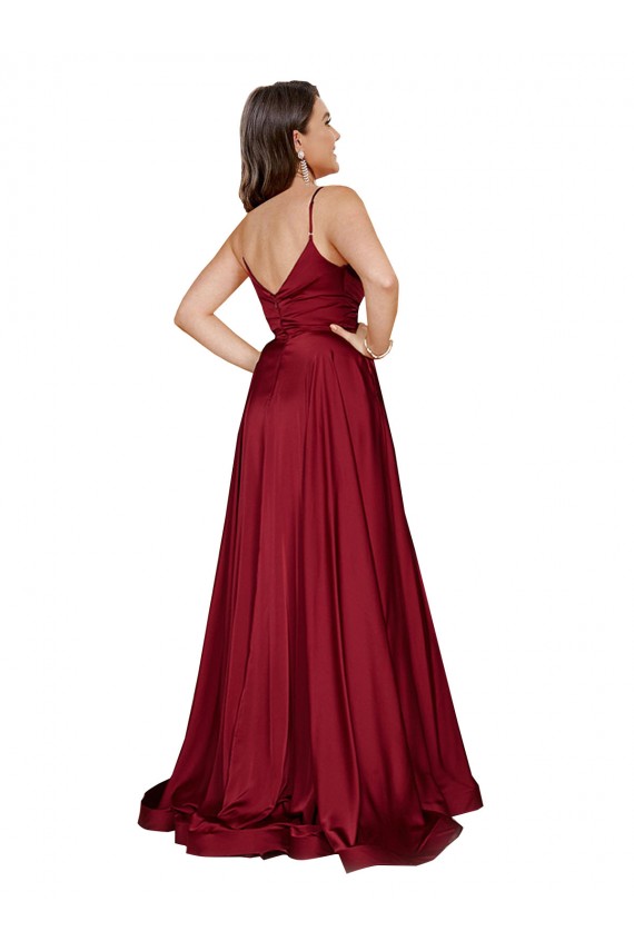 Cheap Deep V-Neck Sweetheart Long Silky Satin Bridesmaid Dress with Thigh High Slit Canada