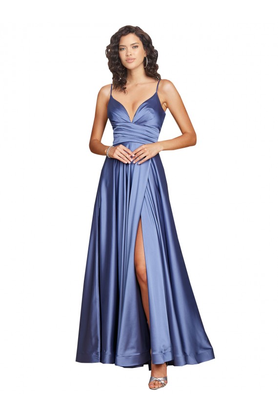 Cheap Deep V-Neck Sweetheart Long Silky Satin Bridesmaid Dress with Thigh High Slit Canada
