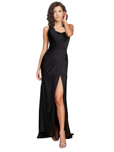 Cheap Full Length One Shoulder Ruffled Long Silky Satin Bridesmaid Dress with High Slit Canada