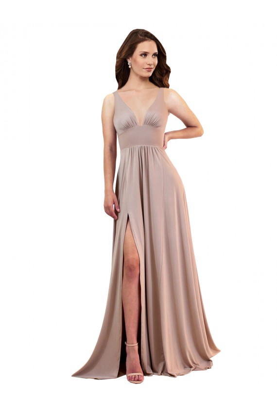 Cheap Long A-Line Plunge V-Neckline Spandex Bridesmaid Dress with Slit Canada