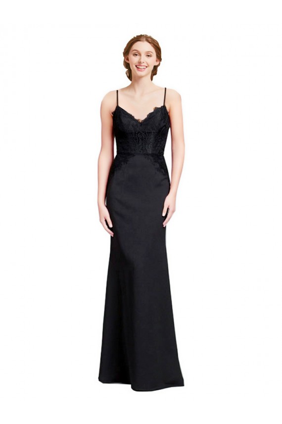 Cheap Long Chiffon Bridesmaid Dress with Lace Bodice and Curved V-Neckline Canada