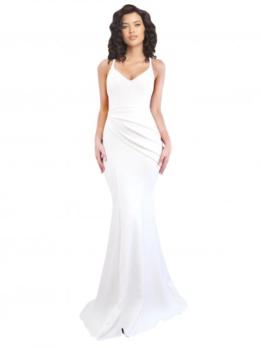 Cheap Fishtail Shape Spaghetti Straps Open Back Crepe Bridesmaid Dress with Ruffles Canada