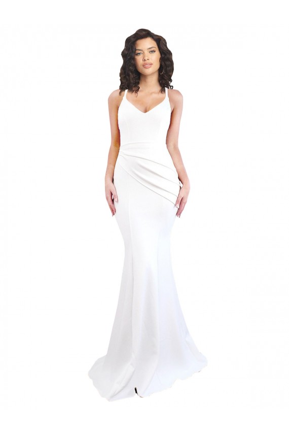 Cheap Fishtail Shape Spaghetti Straps Open Back Crepe Bridesmaid Dress with Ruffles Canada