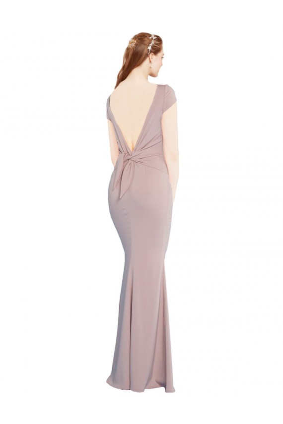 Cheap Boat Neck Cap Sleeve Crepe Bridesmaid Dress with Plunging Tie Back Canada