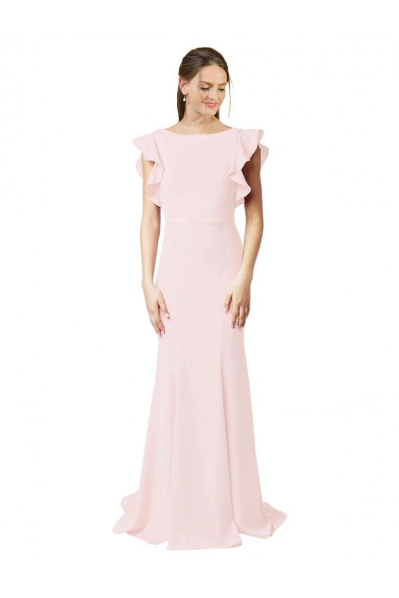 Cheap Low V-Back Long Mermaid Crepe Bridesmaid Dress with Ruffled Sleeves Canada