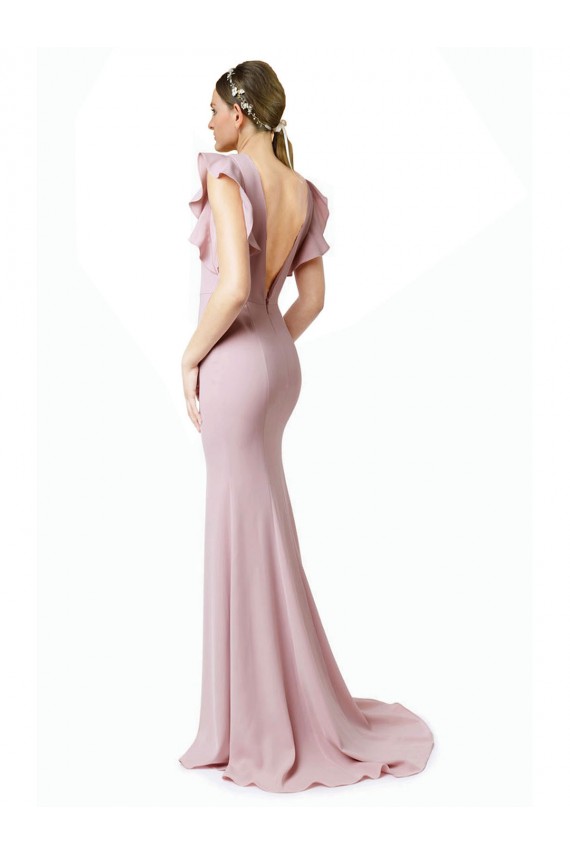 Cheap Low V-Back Long Mermaid Crepe Bridesmaid Dress with Ruffled Sleeves Canada