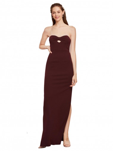 Cheap Twisted Strapless Keyhole Long Crepe Bridesmaid Dress with Slit Canada