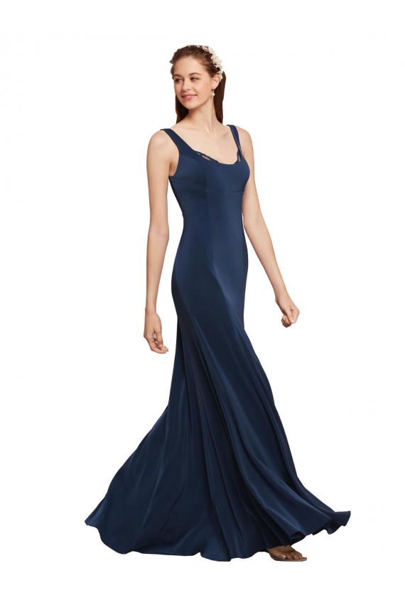 Cheap Fit and Flare Long Crepe Bridesmaid Dress with Round Neck Canada