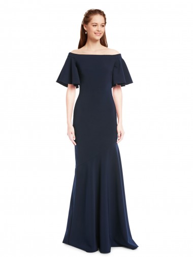 Cheap Off the Shoulder Crepe Bridesmaid Dress with Short Ruffle Sleeves. Canada