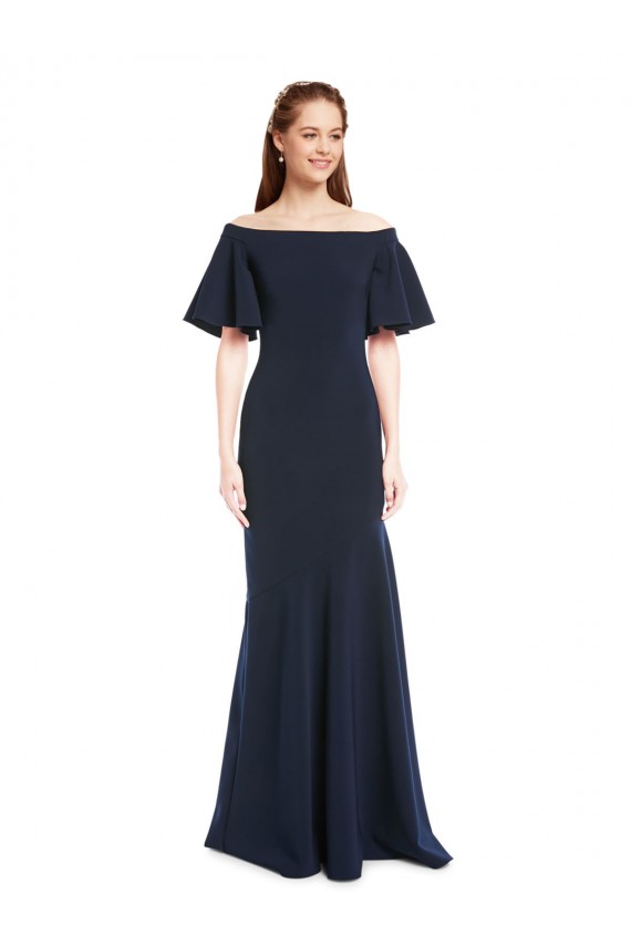 Cheap Off the Shoulder Crepe Bridesmaid Dress with Short Ruffle Sleeves. Canada
