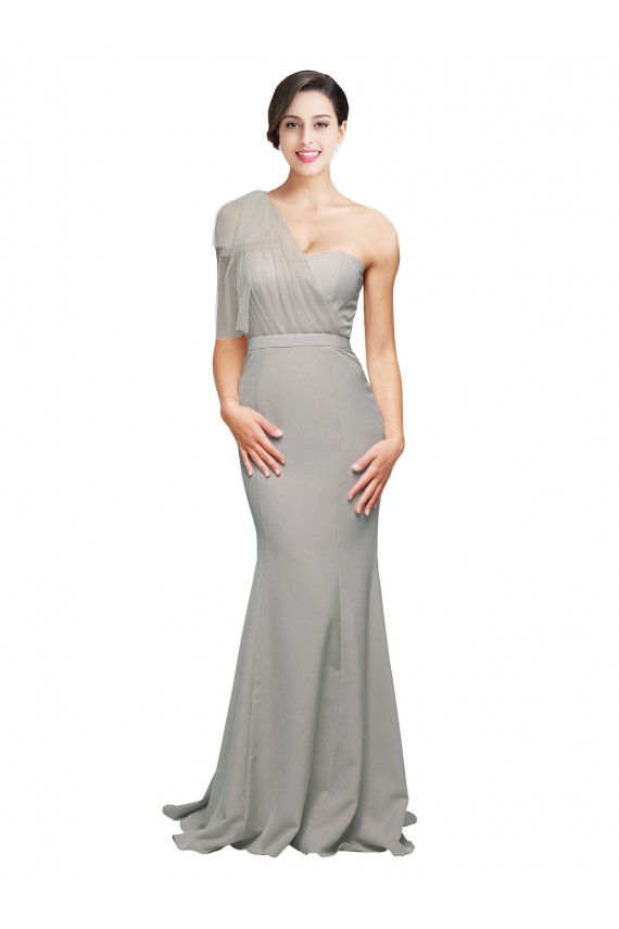 Cheap Long Sweep Train Sweetheart Crepe Bridesmaid Dress with Tulle One Shoulder Canada
