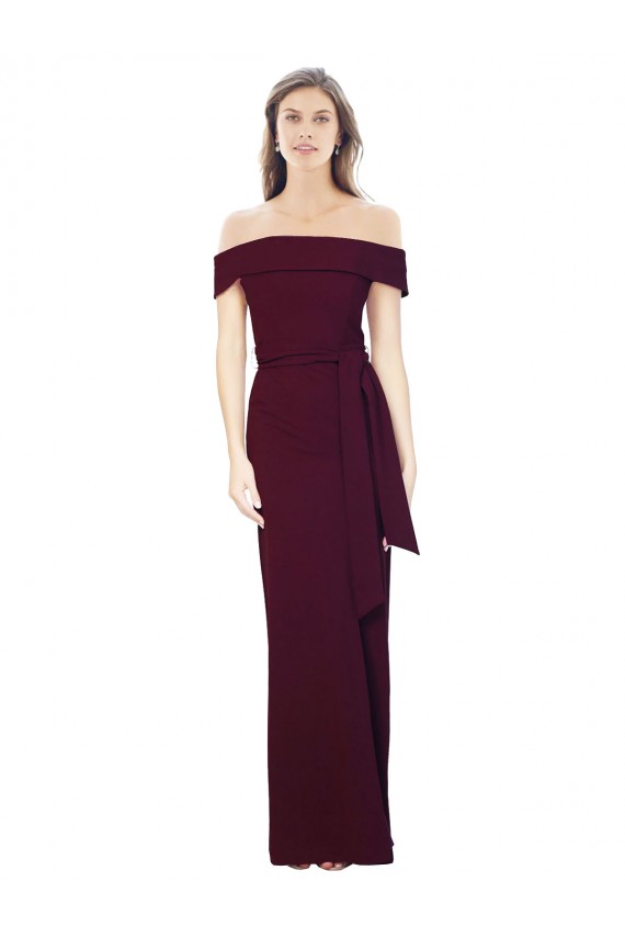 Cheap Off the Shoulder Long Crepe Bridesmaid Dress with Waist Tie Canada