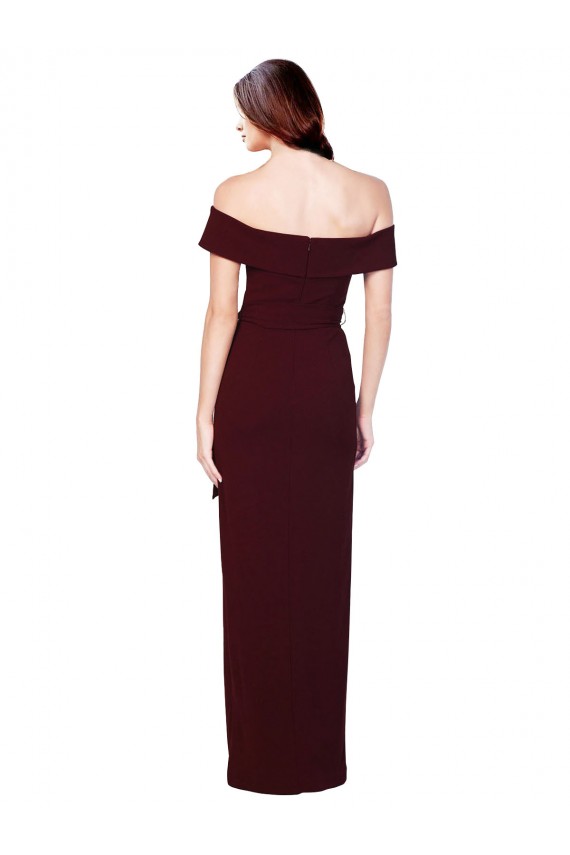 Cheap Off the Shoulder Long Crepe Bridesmaid Dress with Waist Tie Canada