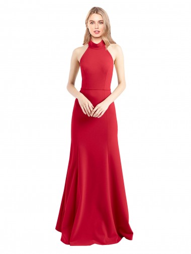Cheap Sleek Fit and Flare High Neck Halter Stretch Crepe Bridesmaid Dress with Open Back Canada