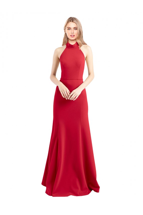 Cheap Sleek Fit and Flare High Neck Halter Stretch Crepe Bridesmaid Dress with Open Back Canada