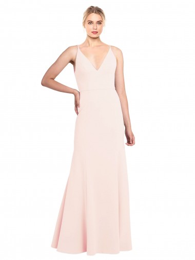 Cheap Slim A-Line V-Neck Long Stretch Crepe Bridesmaid Dress with V-Back Canada