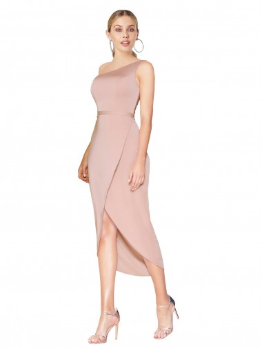 Cheap Knee Length One Shoulder Crepe Wrap Short Bridesmaid Dress Canada