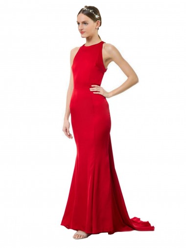 Cheap High Neck Mermaid Open Back Crepe Maxi Bridesmaid Dress with Train Detail Canada