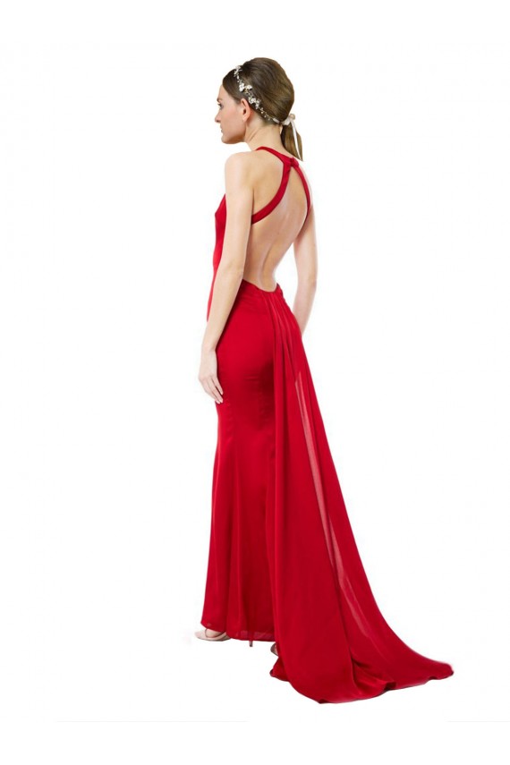 Cheap High Neck Mermaid Open Back Crepe Maxi Bridesmaid Dress with Train Detail Canada