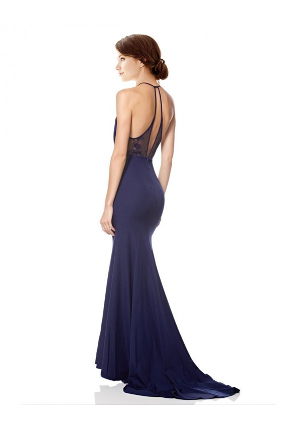 Cheap High Neck Fishtail Crepe Bridesmaid Dress with Open Back Detail Canada
