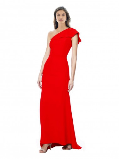 Cheap High Neck Ruffle Frill One Shoulder Maxi Crepe Bridesmaid Dress Canada