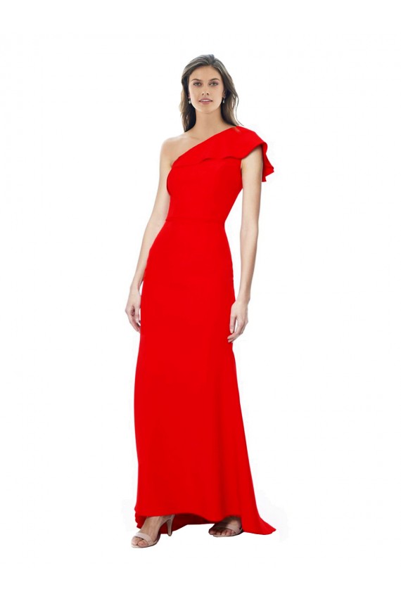 Cheap High Neck Ruffle Frill One Shoulder Maxi Crepe Bridesmaid Dress Canada