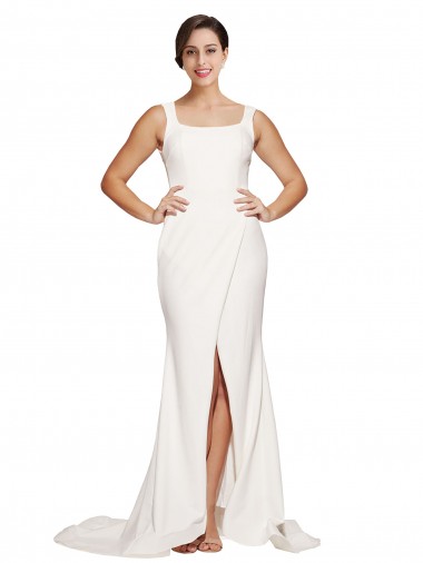 Cheap Square Neck Long Sheath Sweep Train Crepe Bridesmaid Dress  Canada