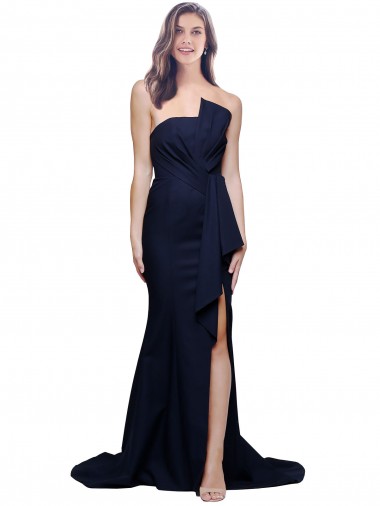 Cheap Long Strapless Sweep Train Low Back Crepe Bridesmaid Dress Canada