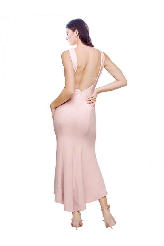 Cheap High Neck Low V-Back Midi Length Crepe Bridesmaid Dress Canada