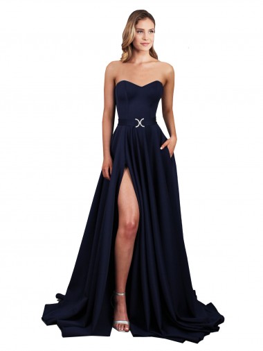 Cheap Sweetheart Neckline Low Back Long Crepe Bridesmaid Dress with High Leg Spit Canada