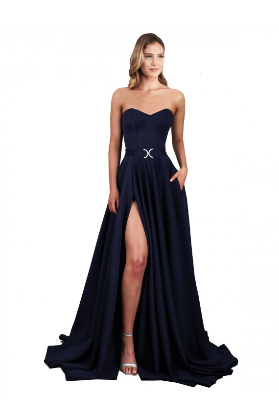 Cheap Sweetheart Neckline Low Back Long Crepe Bridesmaid Dress with High Leg Spit Canada
