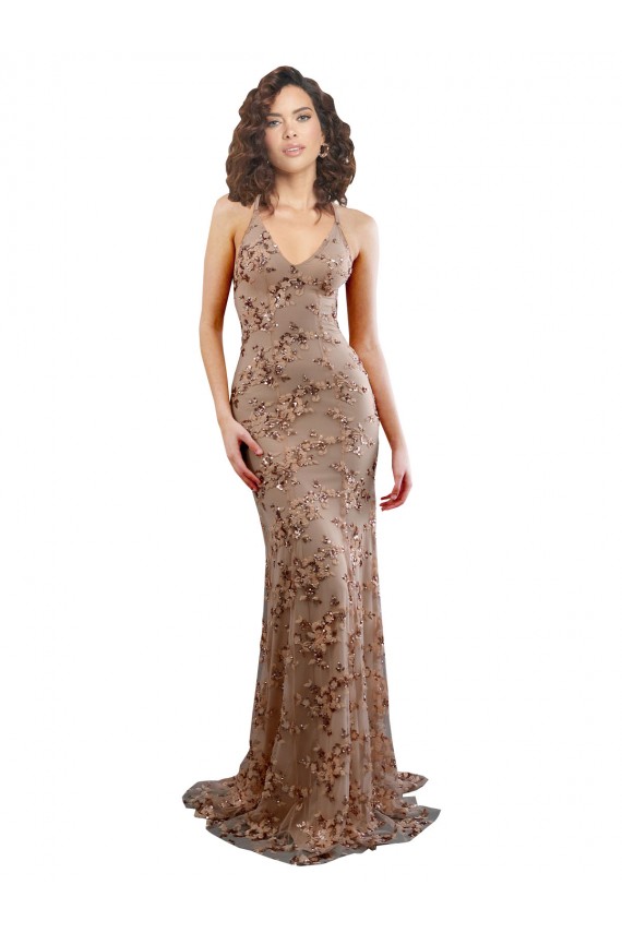 Cheap Floral Patterned Backless V-Neckline Sequin Bridesmaid Dress Canada