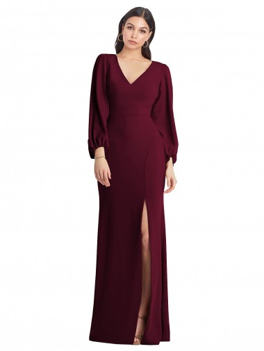 Cheap Long Puff Sleeve V-Neck Trumpet Bridesmaid Maxi Dress Canada
