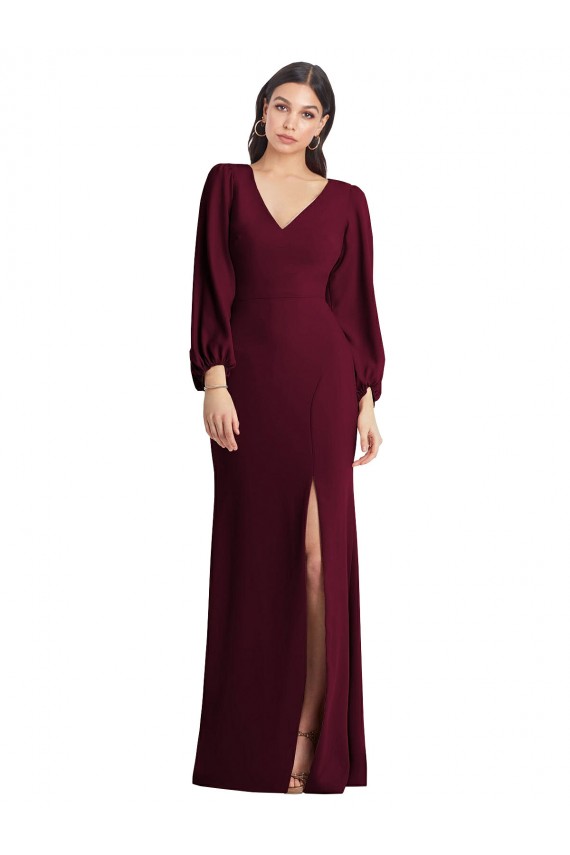 Cheap Long Puff Sleeve V-Neck Trumpet Bridesmaid Maxi Dress Canada