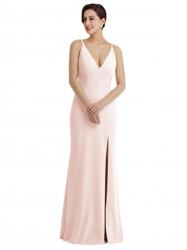 Cheap Skinny Strap Deep V-Neck Crepe Trumpet Bridesmaid Dress with Front Slit Canada