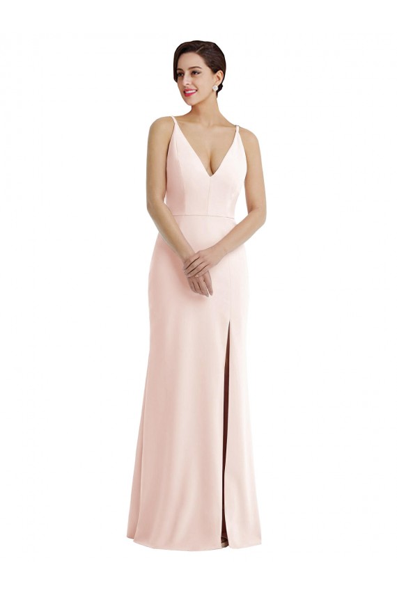 Cheap Skinny Strap Deep V-Neck Crepe Trumpet Bridesmaid Dress with Front Slit Canada