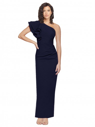 Cheap Ruched Floor Length Long Crepe Bridesmaid Dress with Shoulder Ruffles Canada