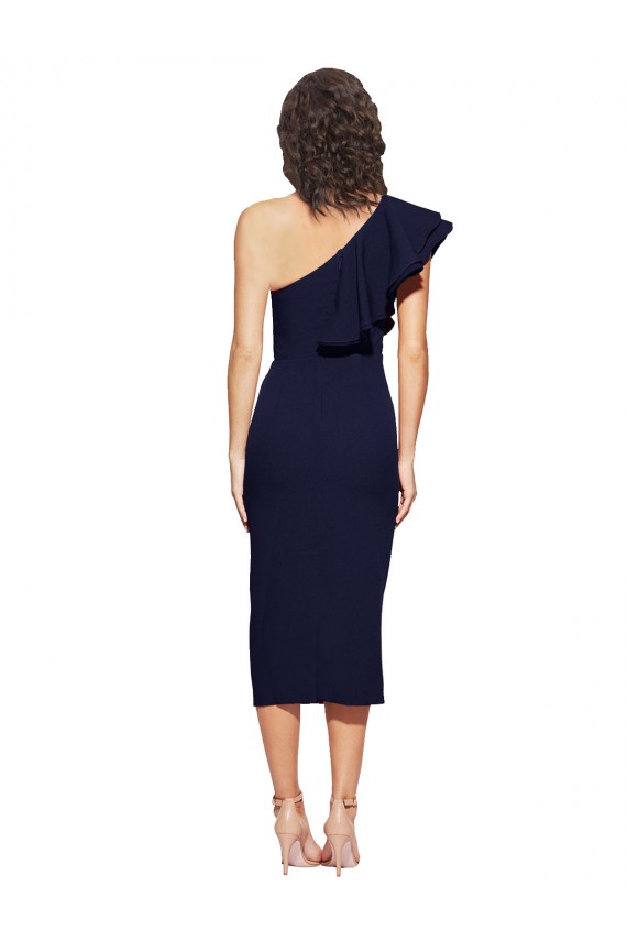 Cheap Ruched Midi Length Short Crepe Bridesmaid Dress with Shoulder Ruffles Canada