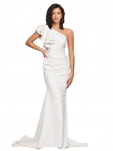 Cheap Ruched Long Sweep Train Crepe Bridesmaid Dress with Shoulder Ruffles Canada