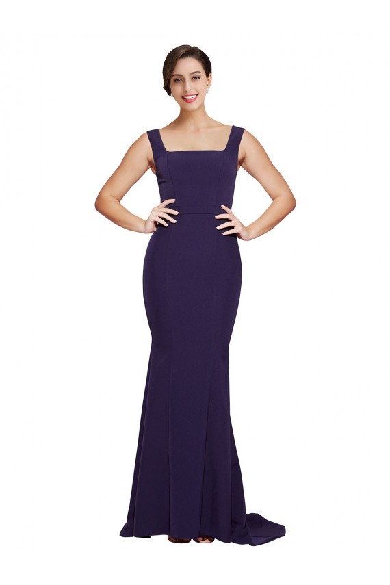 Cheap Square Neck Long Sweep Train Crepe Bridesmaid Dress with Thick Straps Canada