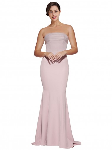 Cheap Straight Neck Long Strapless Crepe Bridesmaid Dress with Soft Tulle Overlay and Small Train Canada
