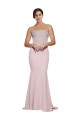 Cheap Straight Neck Long Strapless Crepe Bridesmaid Dress with Soft Tulle Overlay and Small Train Canada